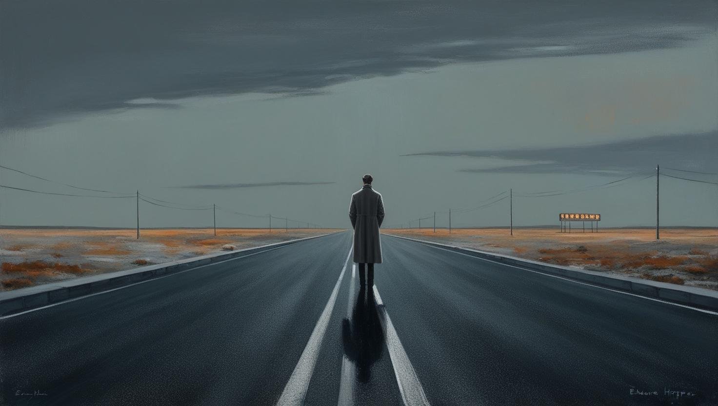 A surreal, cinematic painting with a moody atmosphere, depicting a solitary figure standing at the edge of an empty road that stretches infinitely into the distance. The scene is illuminated by stark, directional light, casting long shadows and emphasizing a sense of quiet isolation. The composition features bold contrasts between interior and exterior spaces, with a vast, empty sky above tinged with an eerie glow. The colors are muted yet rich, evoking a nostalgic yet unsettling stillness. Distant neon signs flicker faintly, blending realism with a subtle surrealist touch, creating a contemplative and melancholic atmosphere